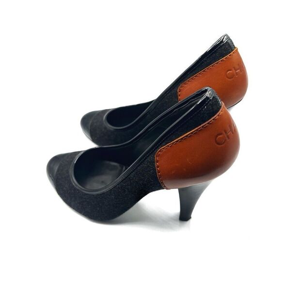 Chanel Women’s Two-Tone Wool Black & Brown Leather Peep-Toe Heels Size 39 - Picture 5 of 12
